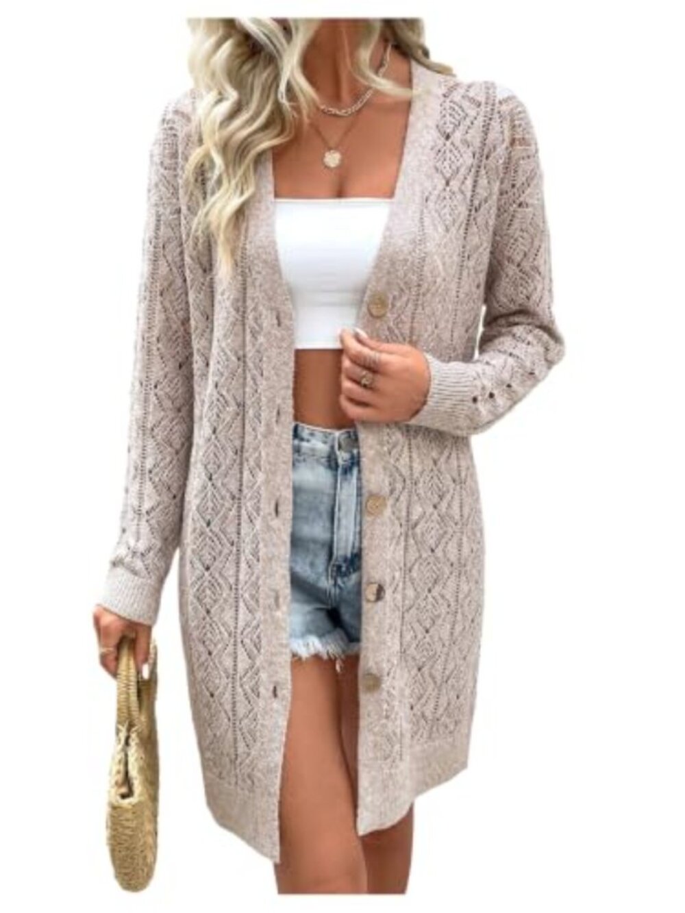 Women's Crochet Long Cardigan Button Down Knit Polyester Sweater